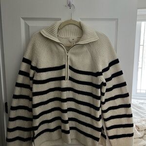 H&M Cream and Black Striped Zip Sweater